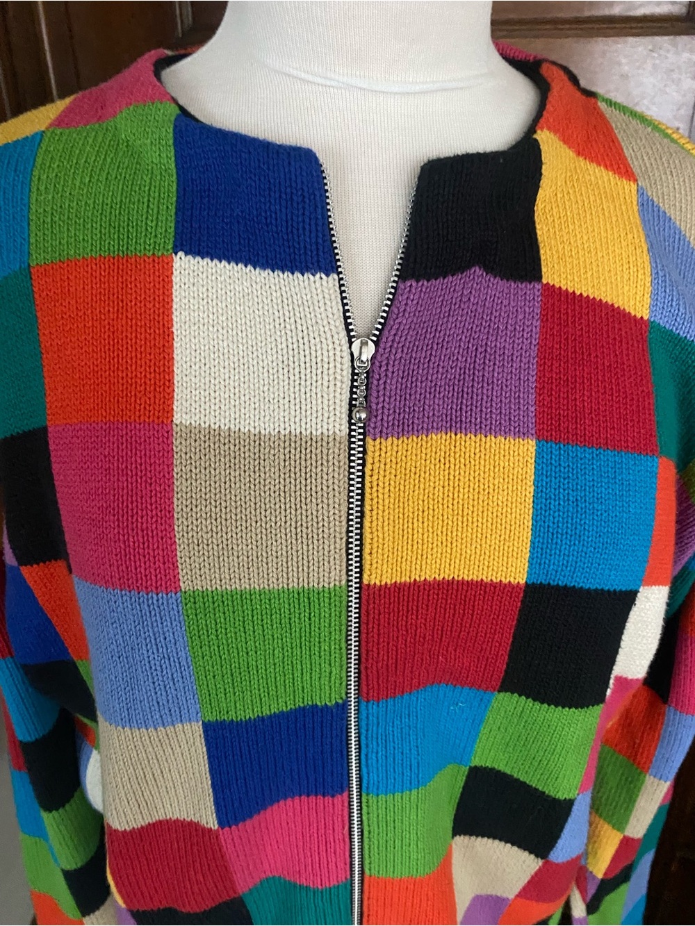 Mark,Fore & Strike. Vintage Multicolor Checkerboard Zip-Front Women’s Sweater - Picture 2 of 5